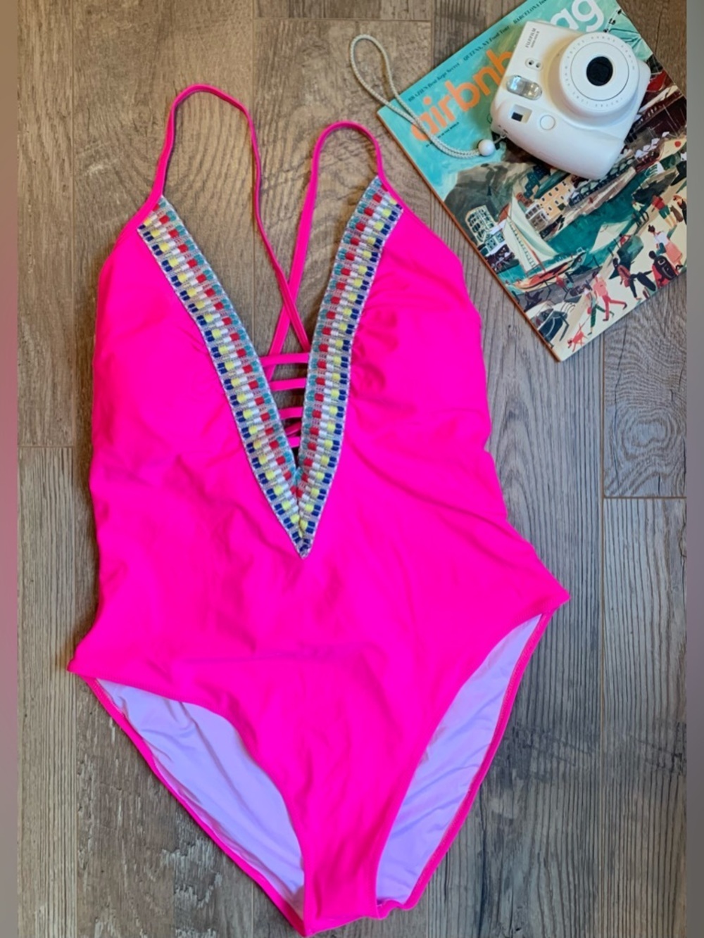 Popvil Shell Trim Front Strappy Back Tie Hotpink One Piece Swimsuit NWT - XXL